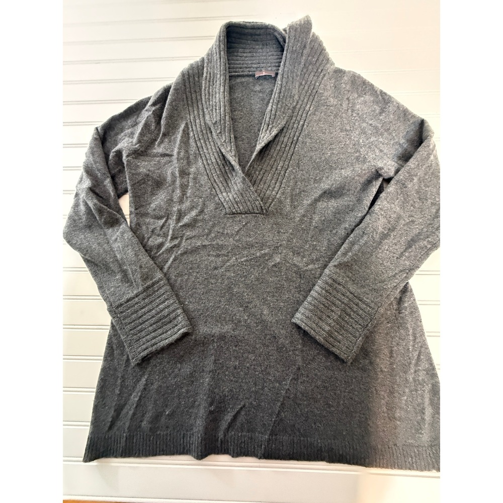 Cullen Cashmere Shawl Collar V-Neck Sweater Women L Gray Ribbed Cuffs FLAW